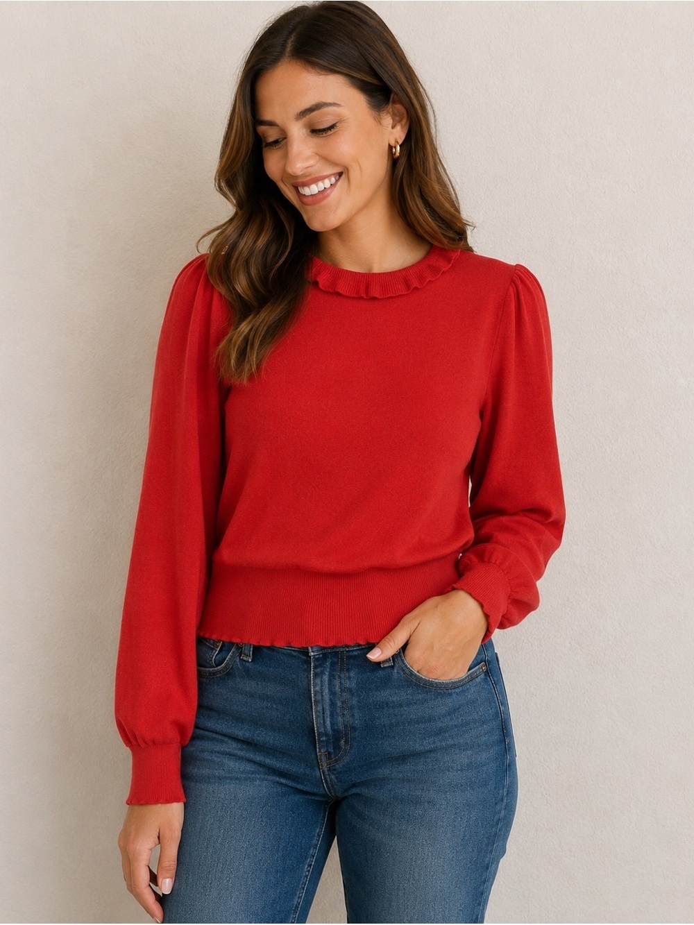Who What Wear Red Ruffle Collar Long Balloon Sleeve Lightweight Sweater Size MED